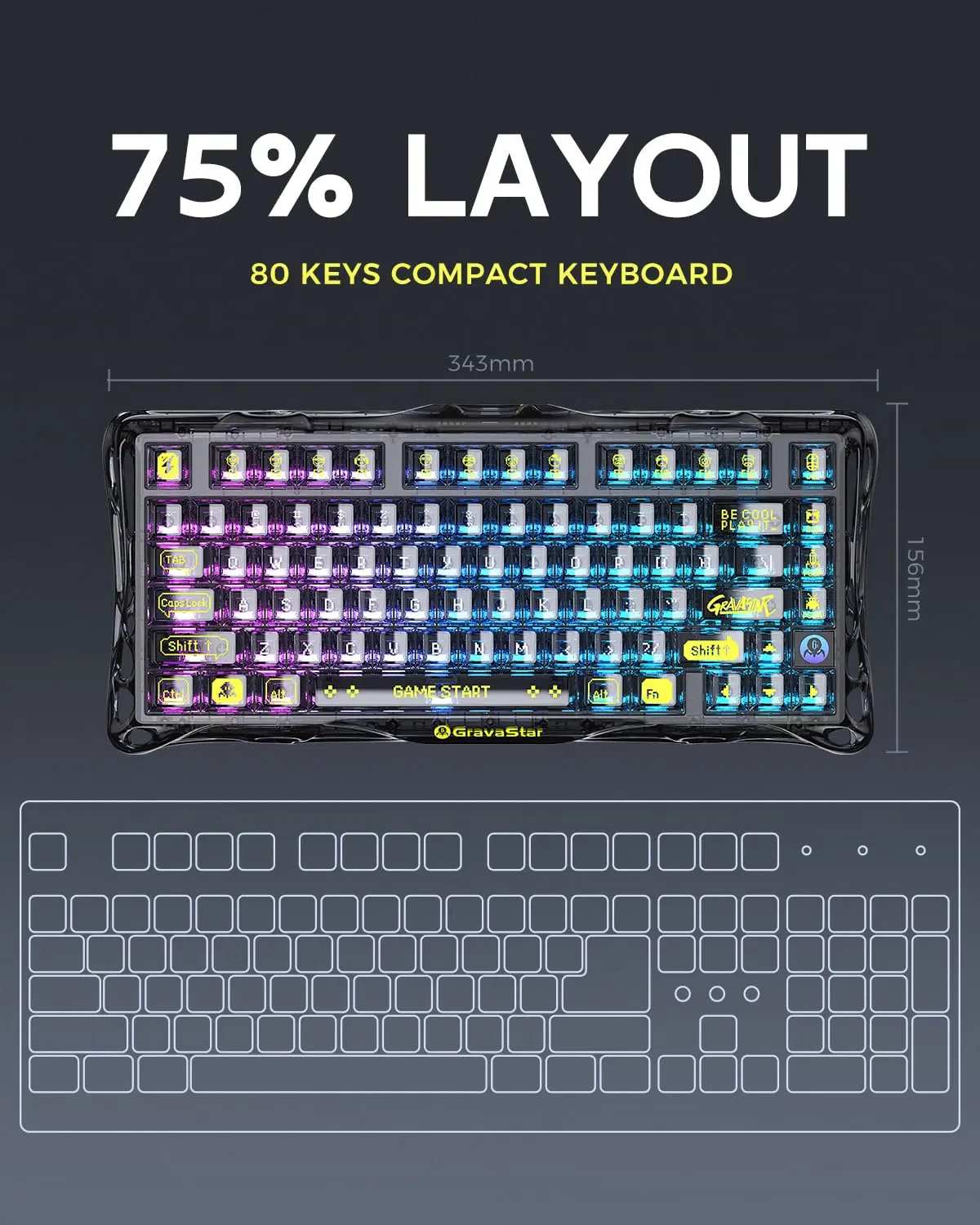 GravaStar Mercury K1 Lite 75% ゲーミングキーボード、2.4GHz/BT/有線
