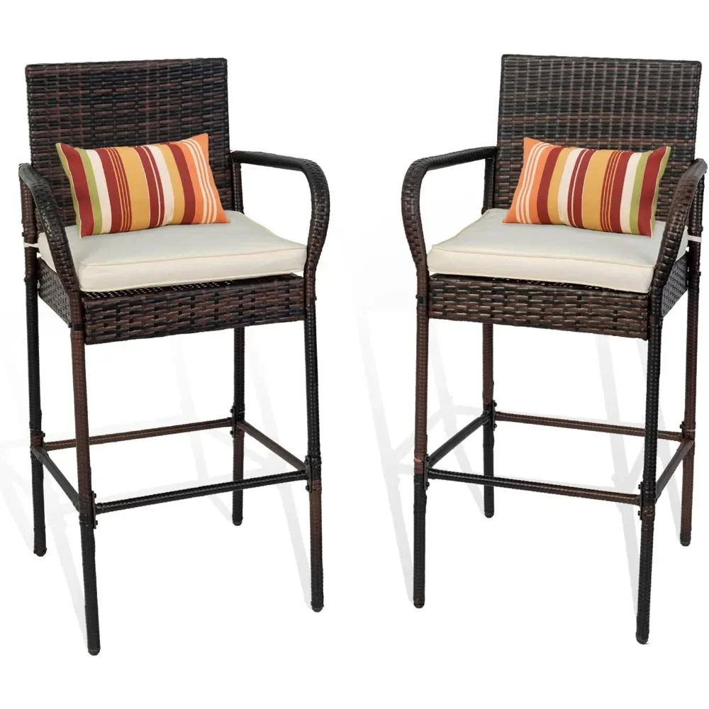 2 Piece Rattan Bar Stool Wicker Chairs, Patio Bar Height Chair with Arms, Cushion Beige, All-Weather Outdoor Rattan Furniture