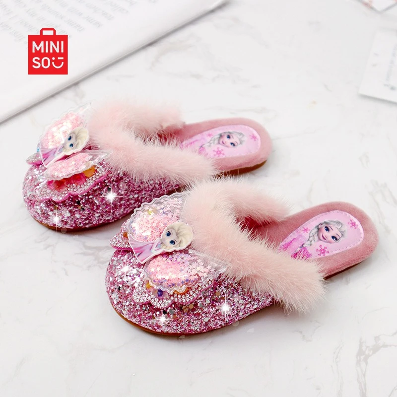

Miniso 2025: тапочки для девочек Elsa, домашняя обувь с закрытым носком на плюшевой подкладке для детей, зимний мультяшный дизайн