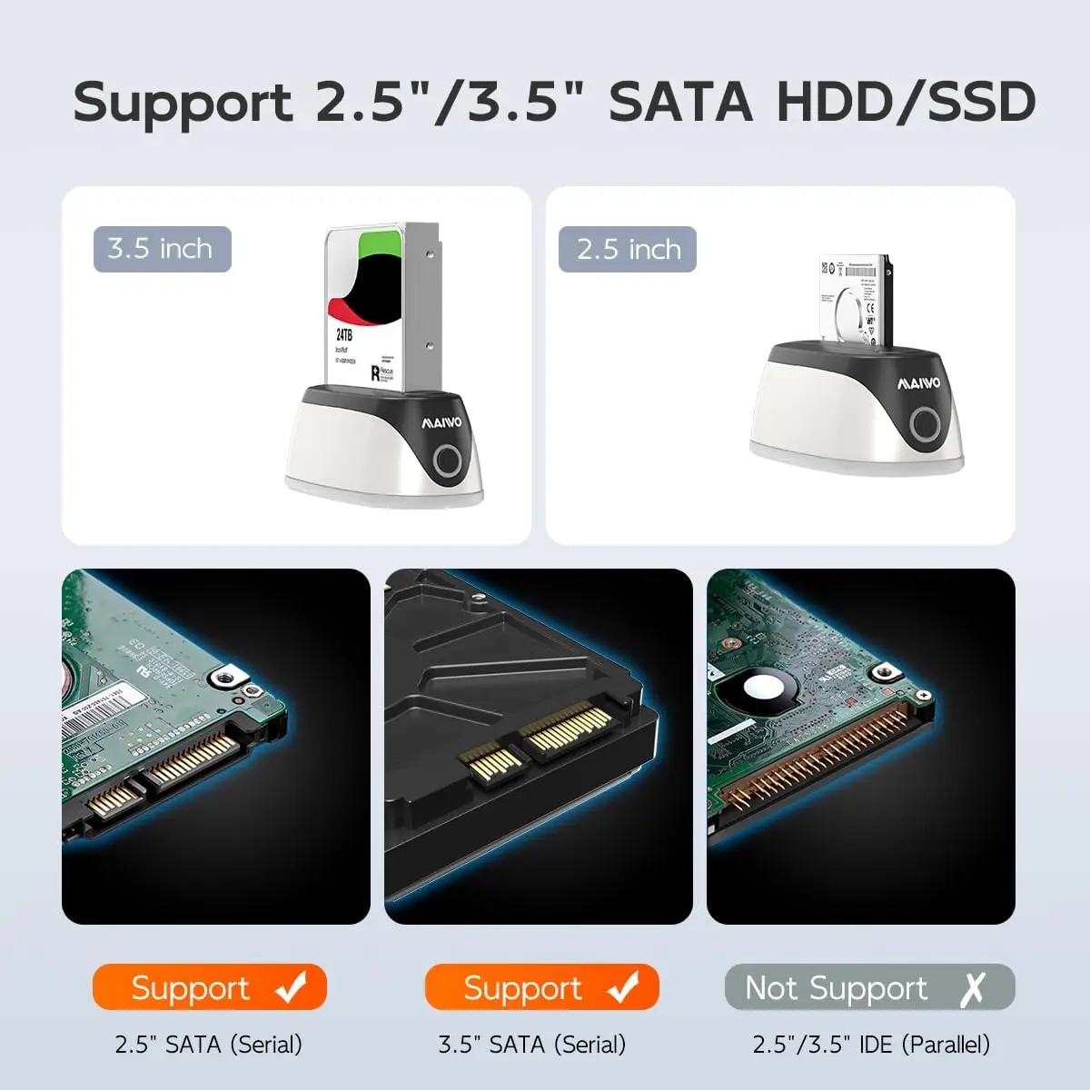 محطة إرساء القرص الصلب MAIWO USB 3.0 إلى محول SATA لصندوق قارئ HDD SSD 2.5 3.5 بوصة يدعم 24 تيرابايت