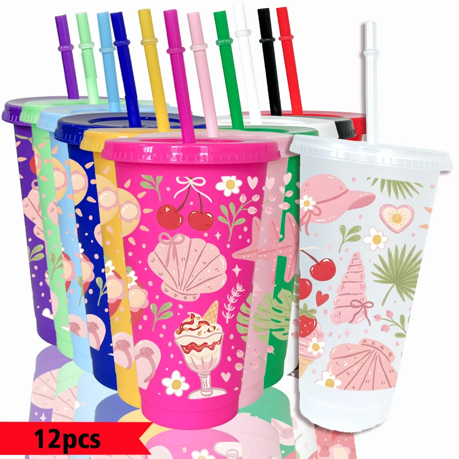 12pcs/pack Shell Cherry Star Pattern 26oz Colored Plastic Party Cold Drink Cup for Back-to-school Birthday Gift