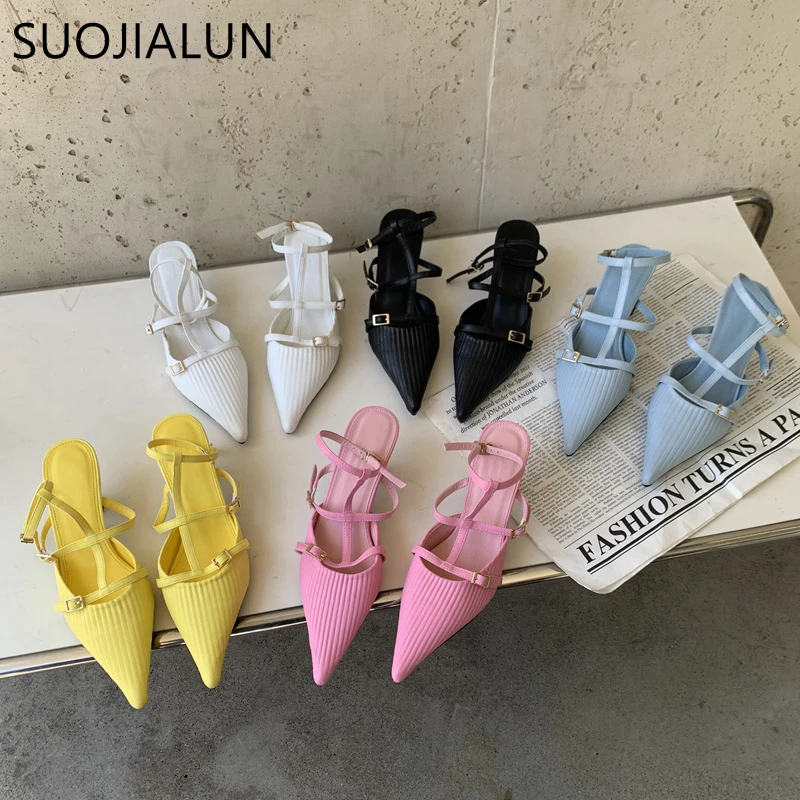 SUOJIALUN 2023 Spring New Woomen Pointed Toe Sandal Shoes Fashion Ankle Strap Ladies Elegant Slingback Thin Low Heel Dress Pumps