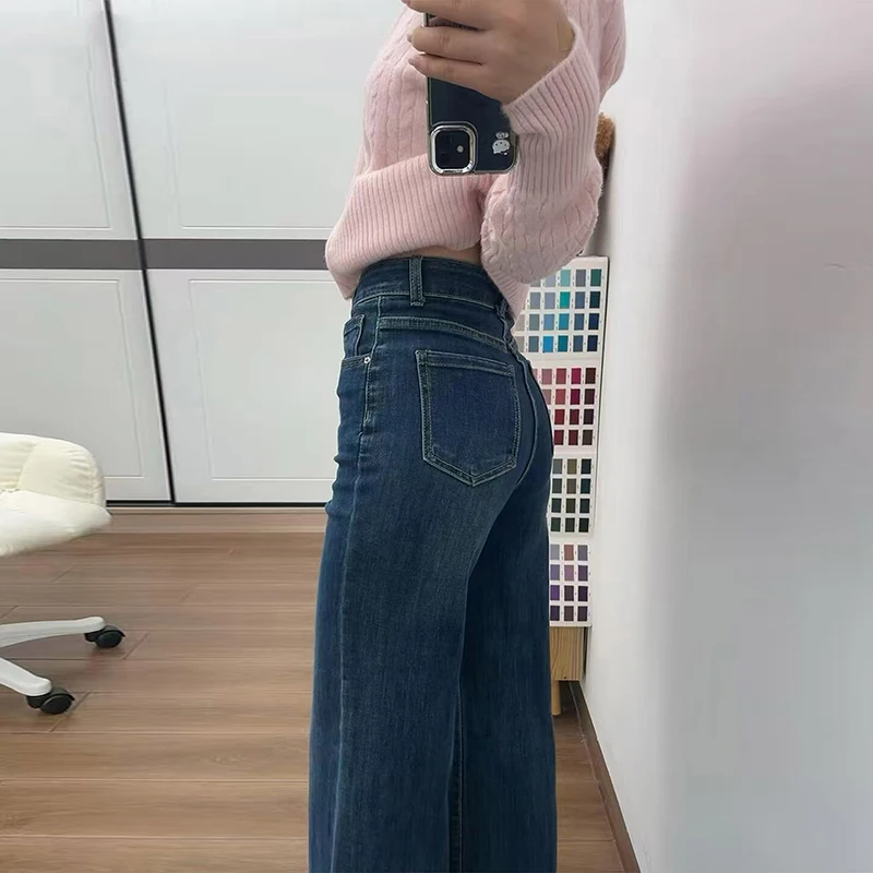 Jeans da donna taglie forti foderati in Fce blu vintage a vita alta a gamba larga pantaloni svasati comodi e larghi denim di cotone caldo invernale