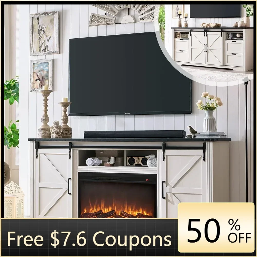 Farmhouse Fireplace TV Stand for 80 Inch TV, 32