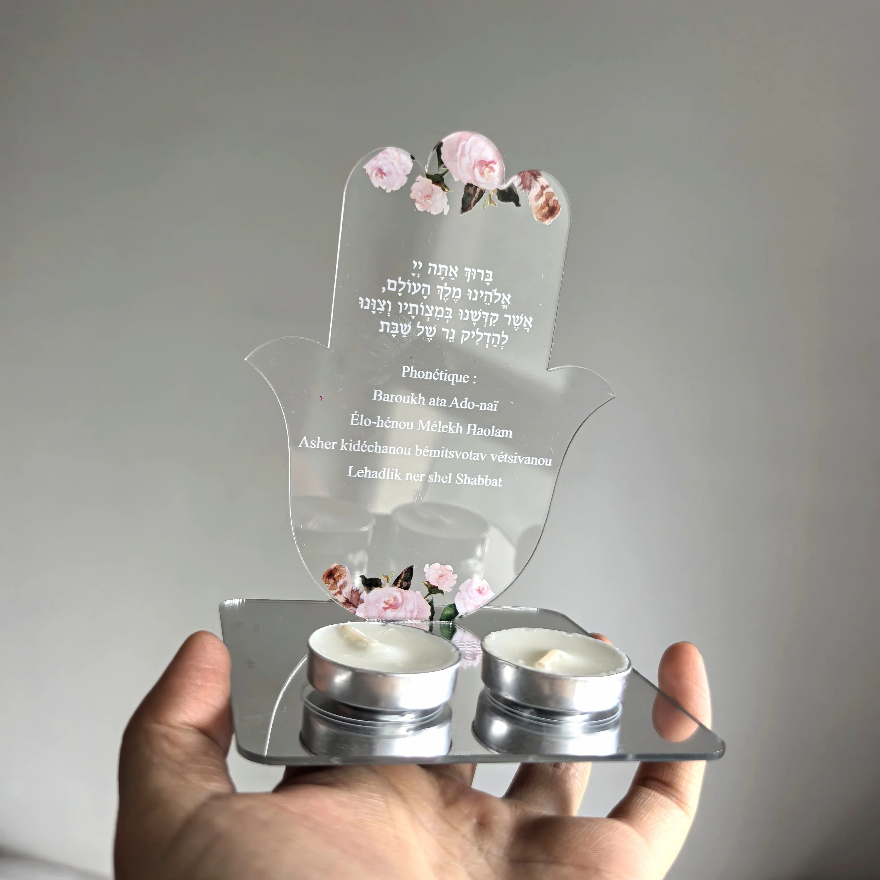 Hebräische Gebetsbar Mizwa Souvenir Memorial Geschenk Hamsa Karte Beleuchtung Shabbat Kerzen Halter Acryl Custom Blessing Dedication