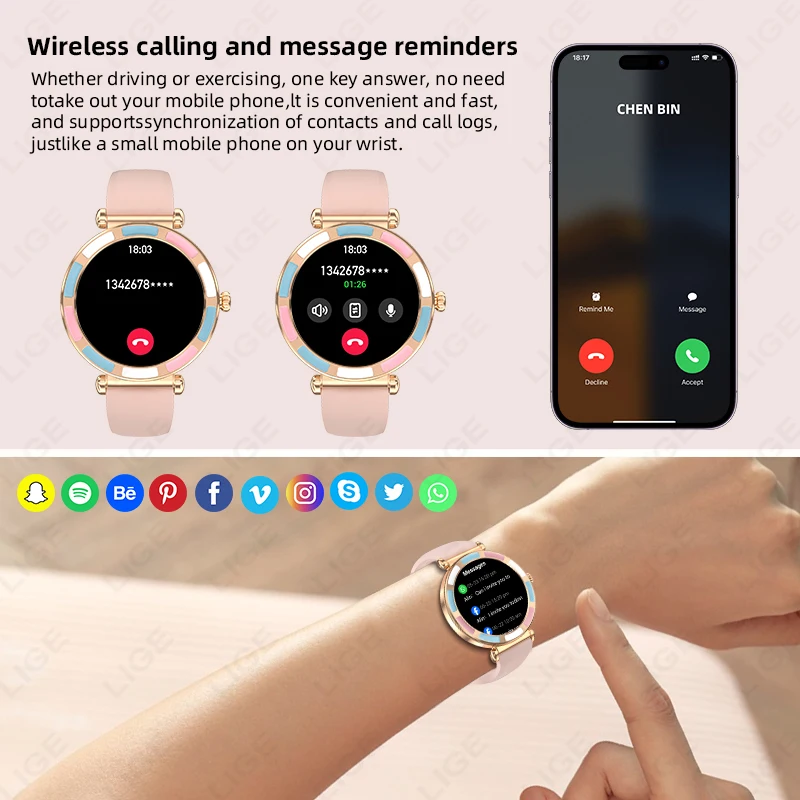 LIGE Fashion Smart Watch For Ladies Bluetooth Call DIY Custom Dial Heart Rate Sport Bracelet Waterproof Female Smartwatch Women