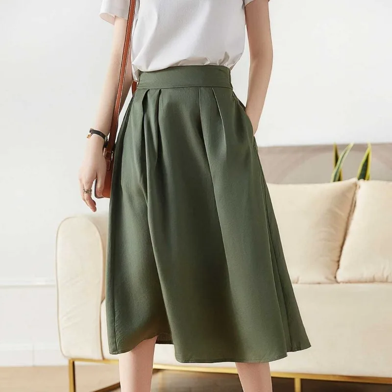 Simplicity Office Lady Summer Women\'s Solid Color Elastic Waist Pockets Pleated Fashion All-match High Waist Slim A-line Skirts