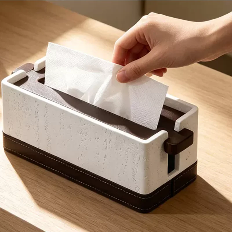 Leather Decorative Sandstone Tissue Box, Wooden Lid, Automatic Sinking Napkin Holder, Bathroom, Desktop Tissue Paper Storage Box