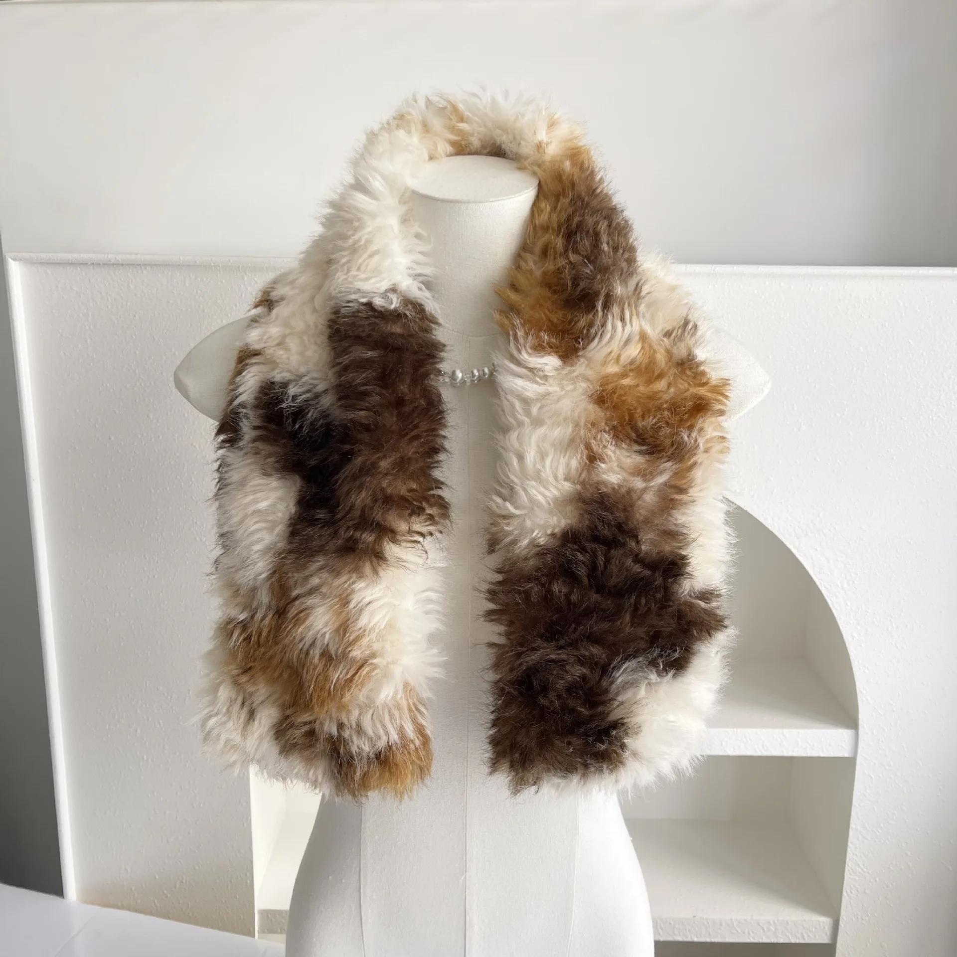 Y2K Color Block Faux Lamb Fur Scarf Winter Women Warm Cute Thick Cross Neck Warmer Outdoor Skiing New Year Christmas Ear Muffs