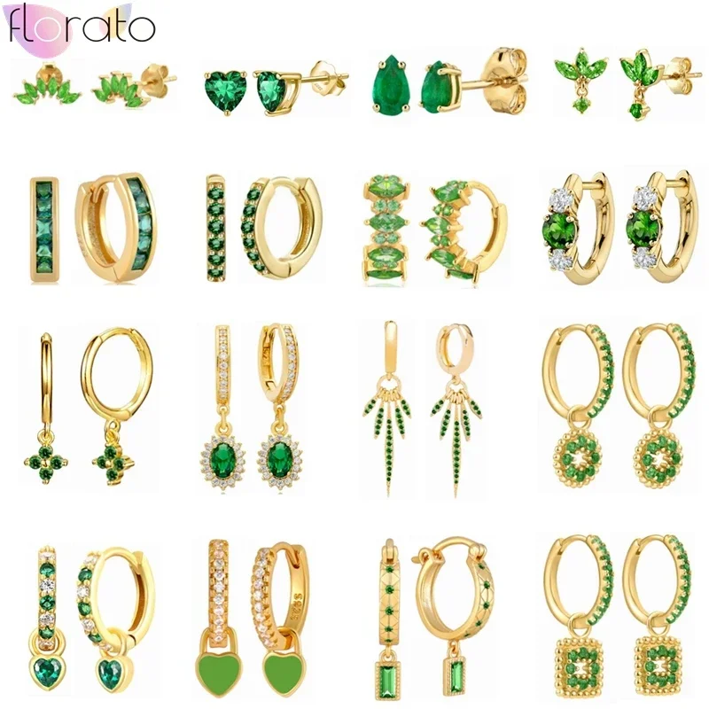 

925 Sterling Silver Needle Green Zircon Heart Pendant Hoop Earrings for Women Delicate Piercing Gold Earrings Birthday Gift 2024