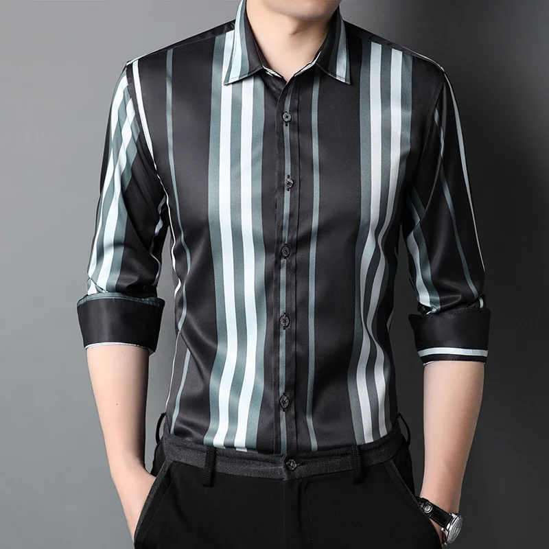 

Clothing2023 Spring Men's New Middle-Aged Long-Sleeved Lapel Single-Breasted Striped Casual Shirt Cardigan Top T Shirt For Men