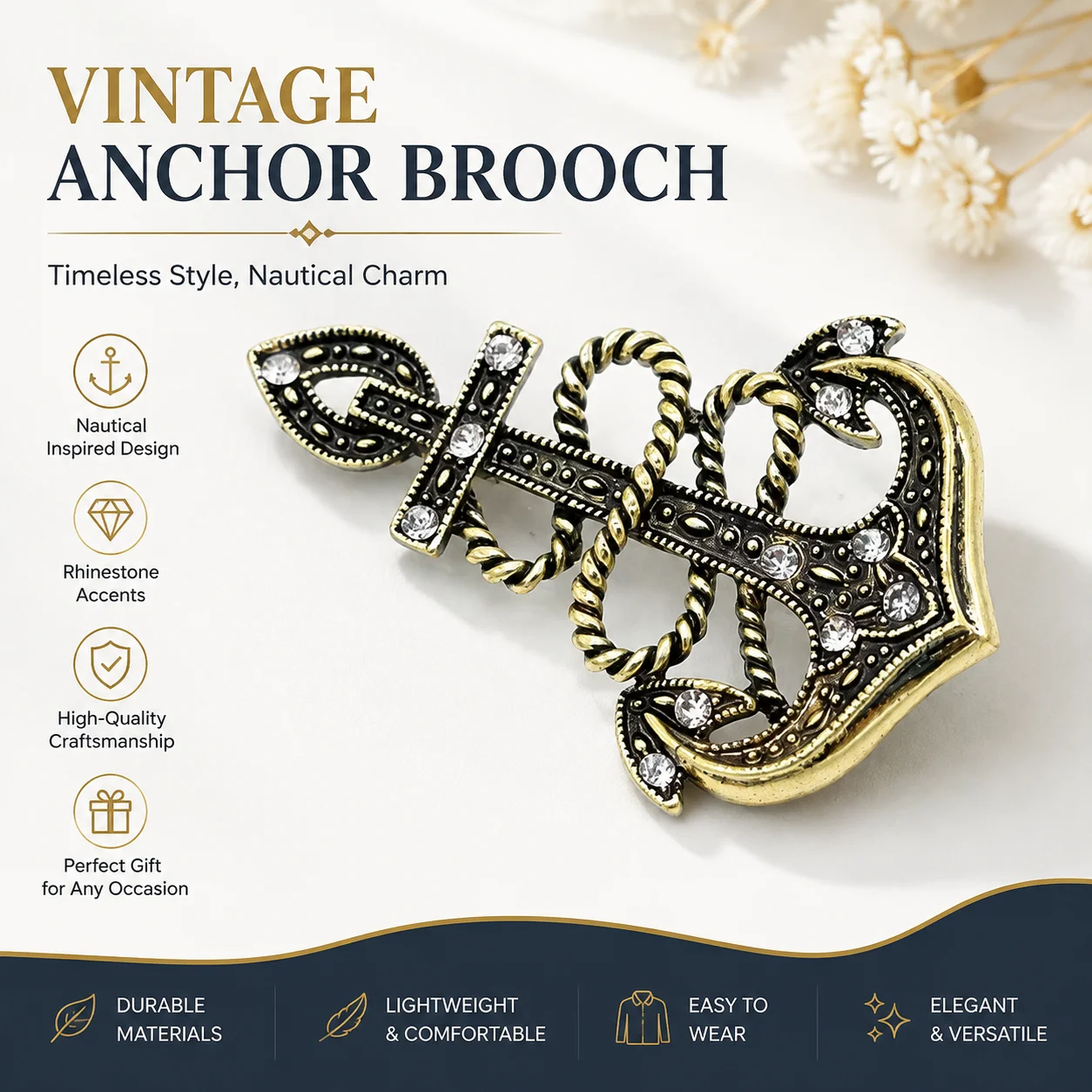 Vintage Anchor Brooch for Women Nautical Sailor Pin with Rhinestone Accents Antique Silver Ocean Jewelry Dresses  Scarves Gifts