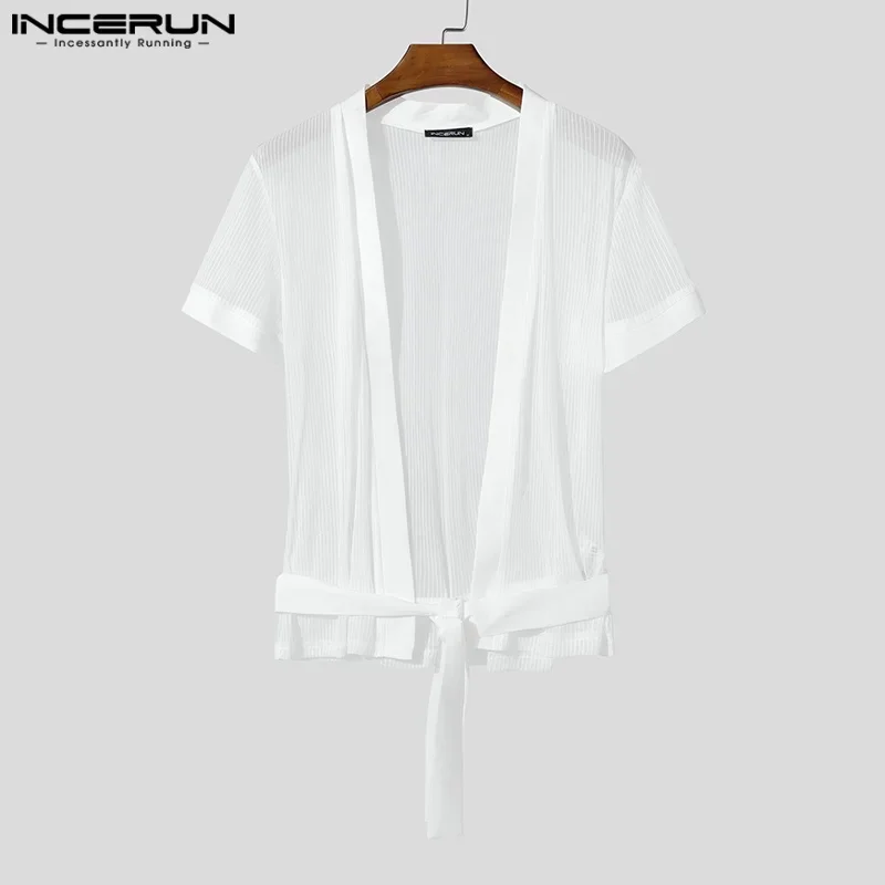 

Men Shirt Mesh See Through Short Sleeve Open Stitch Male Shirts Summer Streetwear 2025 Fashion Lace Up Men Clothing Tops INCERUN
