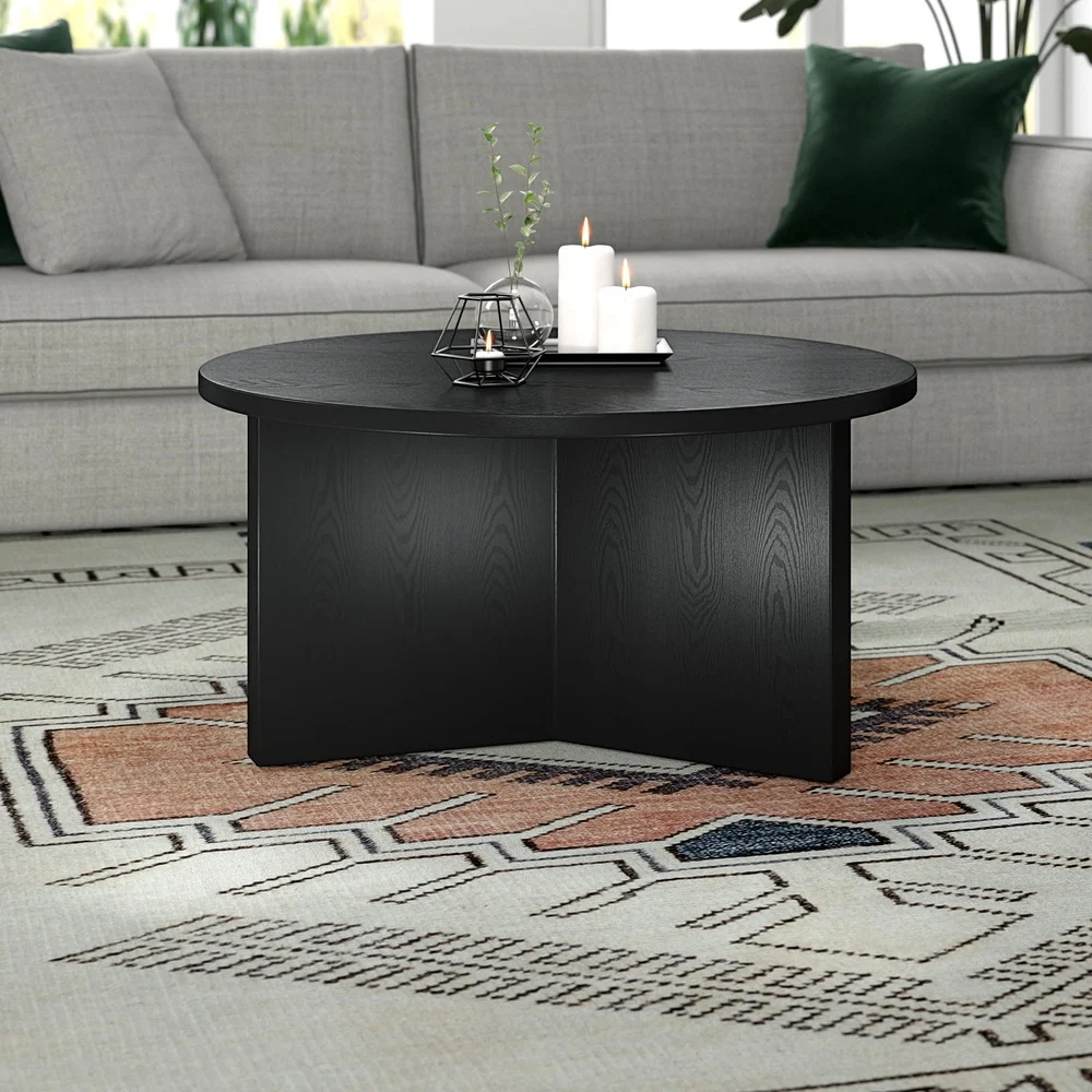 Scandinavian Round Coffee Table 32 Inch Black Grain MDF Easy Assembly Living Room Furniture Adjustable Feet Modern Design