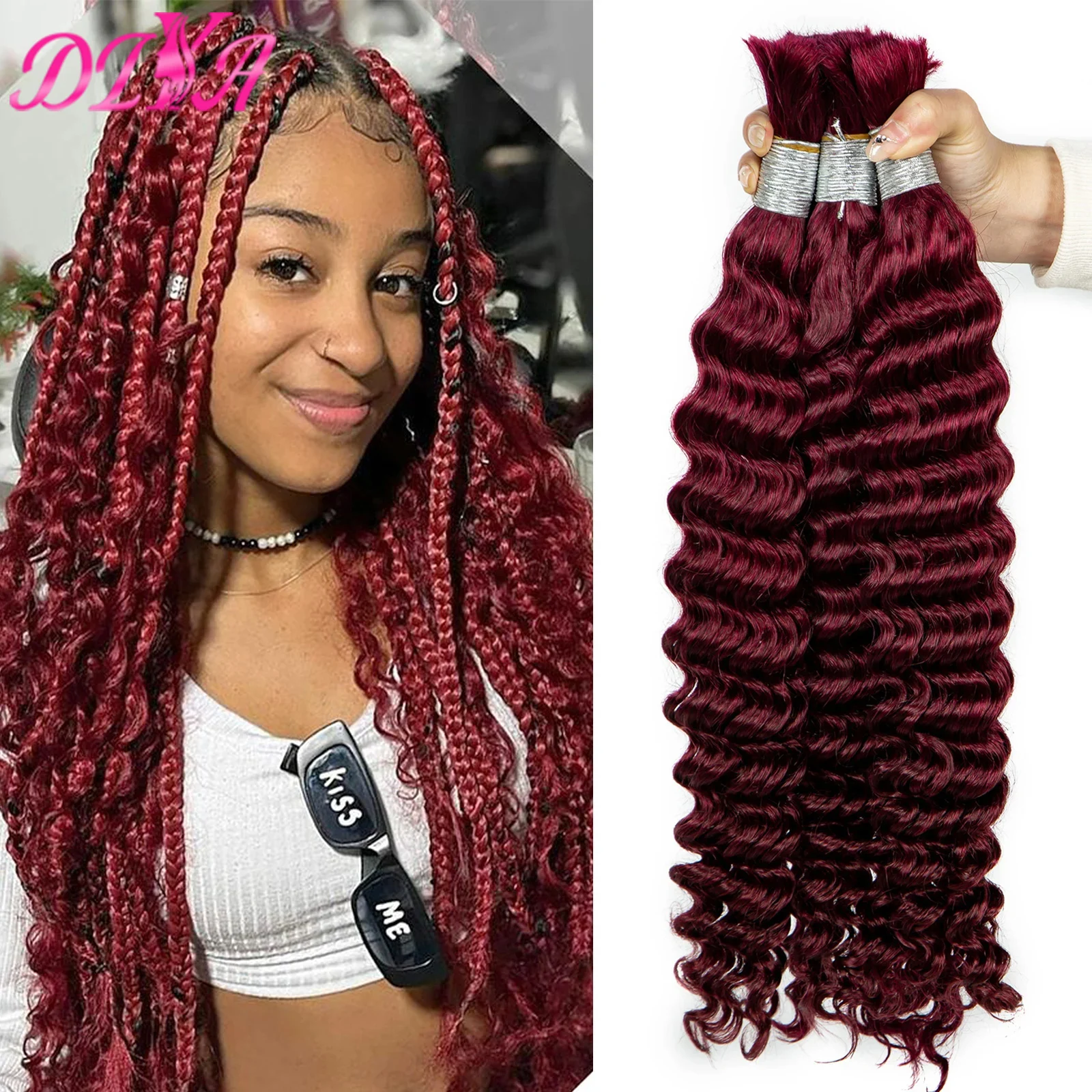 Burgundy 99J# No Weft 20 24 28 Inch Extension Crochet Braids Deep Wave Human Hair Bulk for Braiding Brazilian Human Hair Bulk