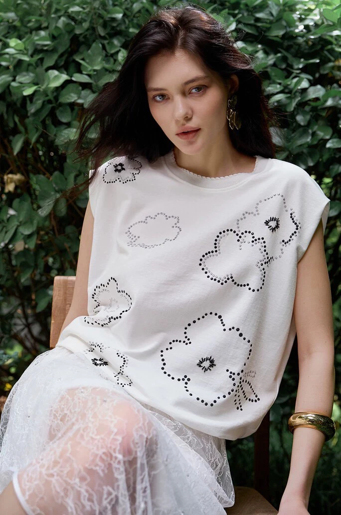 เสื้อยืดผ้าฝ้ายทรงหลวมพิมพ์ลาย LNVN ตกแต่งด้วยลูกปัดเย็บมือ สำหรับผู้หญิง สไตล์ลำลอง แฟชั่นฤดูร้อน เหมาะสำหรับใส่ไปทำงาน