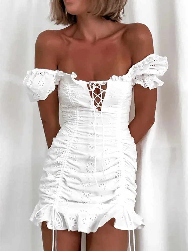 Lace Up Embriodery White Lace Dress Women Hollow Out Beach Summer Dress Puff Sleeve Ruffle Ruched Bodycon Mini Dress Vestidos