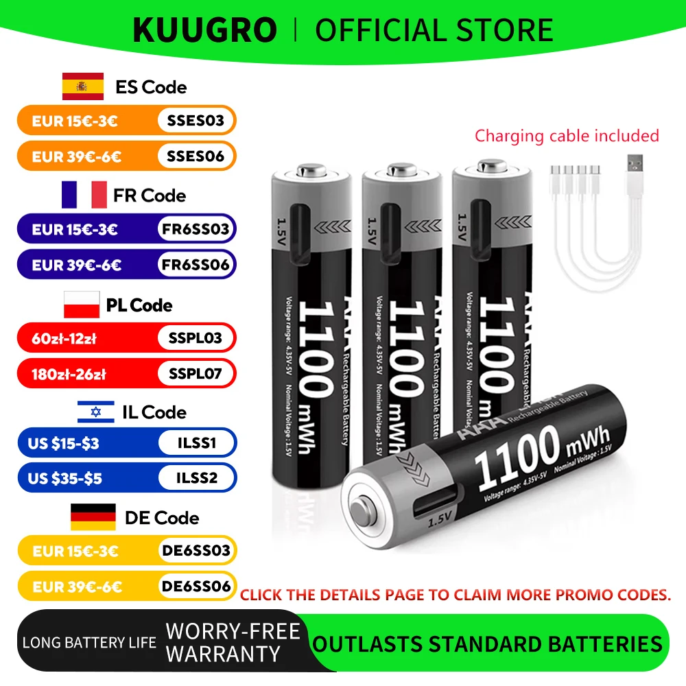 Kuugro 1.5V AAA USB Li-ion Rechargeable Battery Aaa 1.5V 1100mWh Lithium Batteries with 4-in-1 Cable for Toys Camera Flashlight