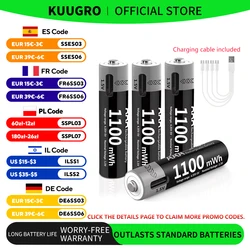 Kuugro 1.5V AAA USB Li-ion Rechargeable Battery Aaa 1.5V 1100mWh Lithium Batteries with 4-in-1 Cable for Toys Camera Flashlight