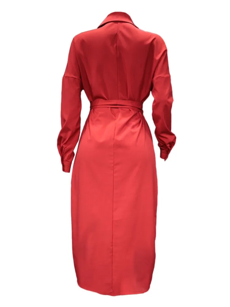 أزياء من الدانتل حتى واحدة الصدر الشق فستان طويل المرأة الخريف عنصر جديد بلون مثير سترة فستان قميص بأكمام طويلة