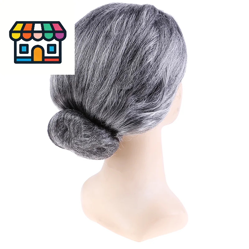 Old Lady Grandma Granny Grey Wig Bun Hair Grand Mother Fancy Dress Costume