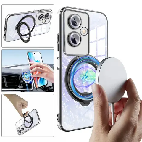Plating Ring Magnetic Charge Support Transparent Phone Case For OPPO A79 A57 A77 A77S A17 A17K A53 A53S 4G 5G Seismic Back Cover