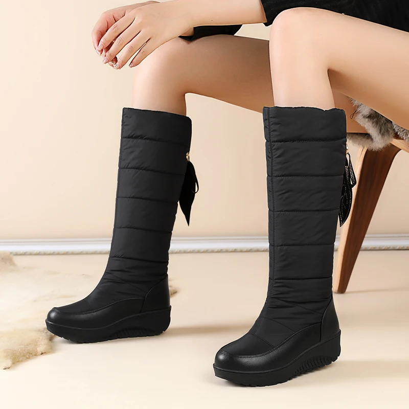 SGESVIER 2024 Plush Women Snow Boots Round Toe Black Down Waterproof Winter Fringe Ladies Mid-calf Platform Wedge Boots