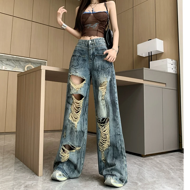 2024 New American Retro Inkjet Perforated Wide Leg Jeans High Waist Versatile Straight Leg Floor Dragging Pants for women