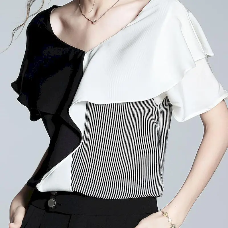 Fashion Chiffon Shirts Woman 2026 Summer Trendy Short Sleeve T-shirt Design Sense Ruffled Stitching French Blouse Women Clothing