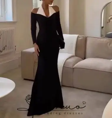 Maßgeschneiderte schwarze A-Linie-Abschlussballkleider, bodenlang, rückenfrei, volle Ärmel, Abendkleid, schlichtes, drapiertes, lässiges Partykleid