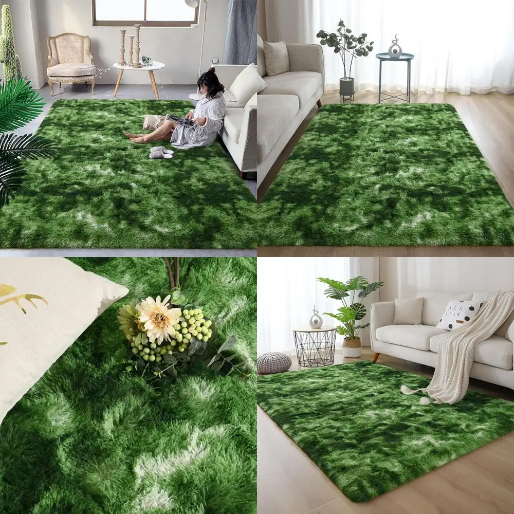 سجاد أخضر فاخر أشعث مقاس 8 × 10، مثالي لغرف النوم وغرف المعيشة