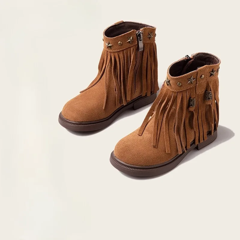 

Girls Boots Children's Shoes Princess Fashion Tassel Autumn Winter Ankle Boots Kids Student Casual Genuine Leather Toddler Baby