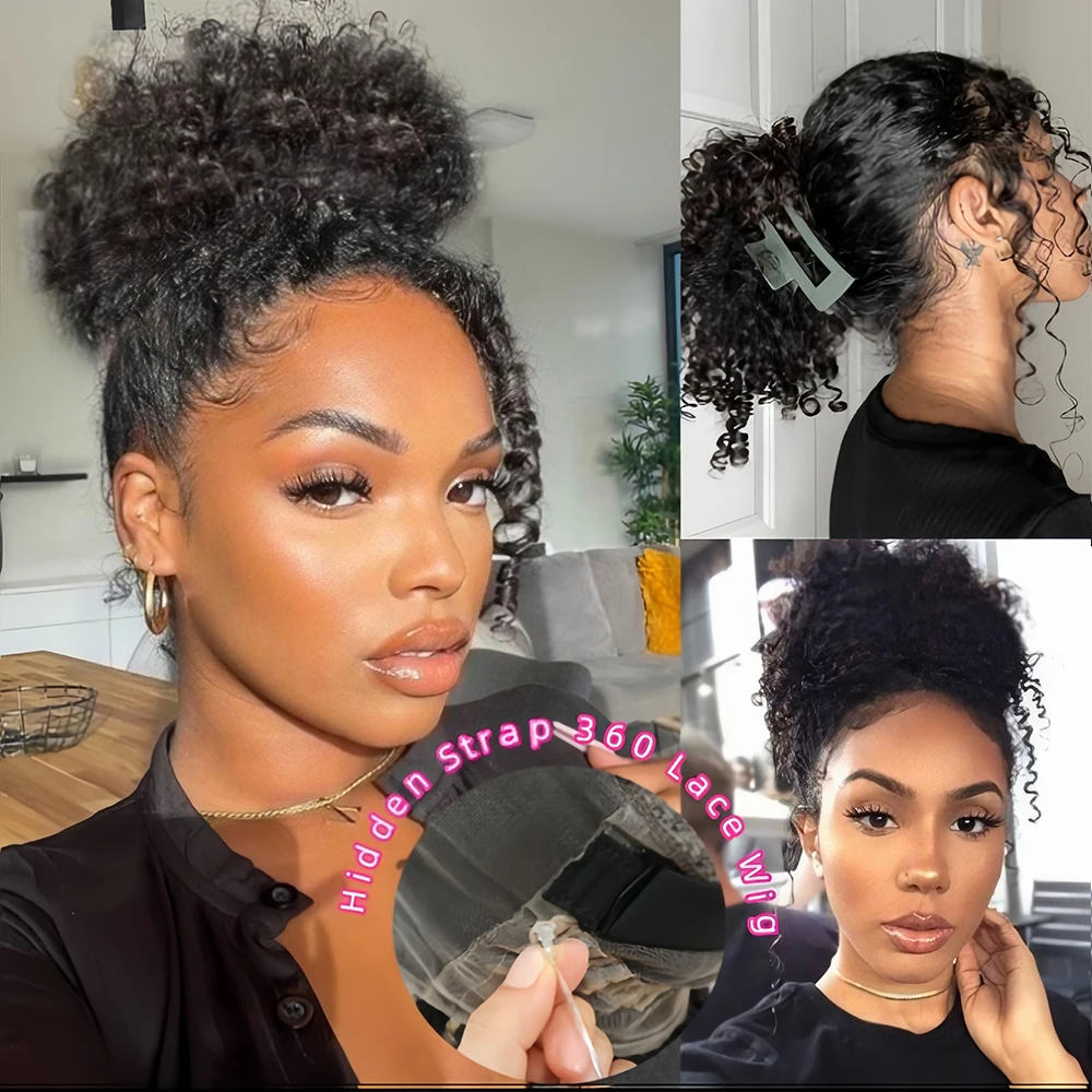 

Hidden Strap 360 Full Hd Lace Front Wigs Human Hair Brazilian Kinky Curly Glueless Wig with Invisible Drawstring Remy250 Density