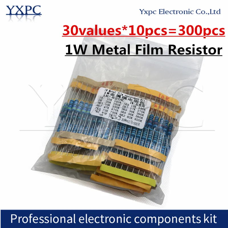 30Values*10pcs=300pcs 1% 1W Metal Film Resistor Assorted Kit  0.1 Ohm ~750 Ohm 1K~820K 0.1R-750R Resistance Set