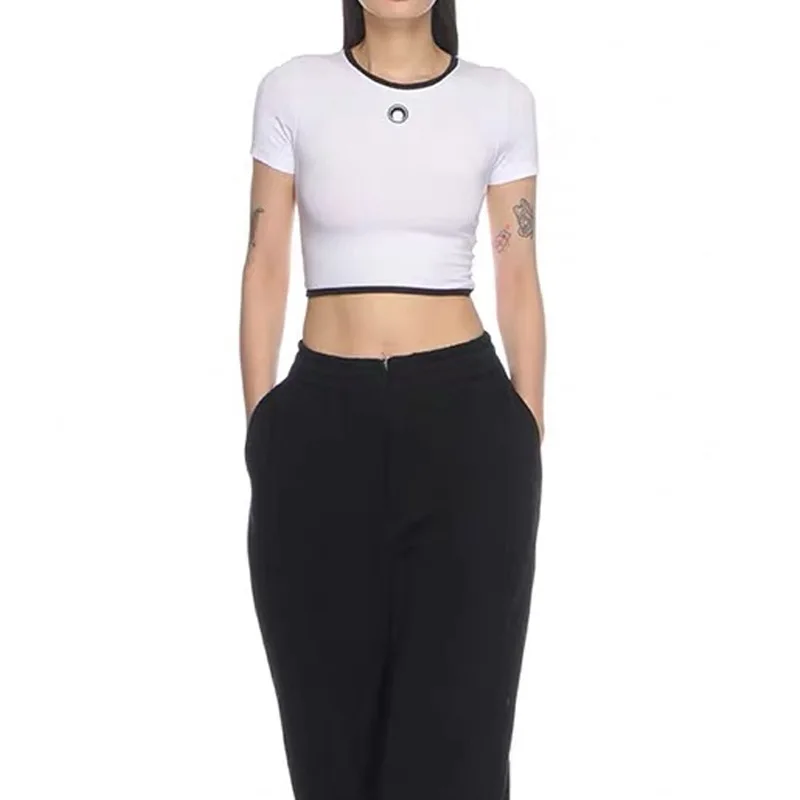 

Spring Summer Embroidered Elastic Cotton ort Sve High Waist round Ne T-irt Women's Faionable Slim Fit Top