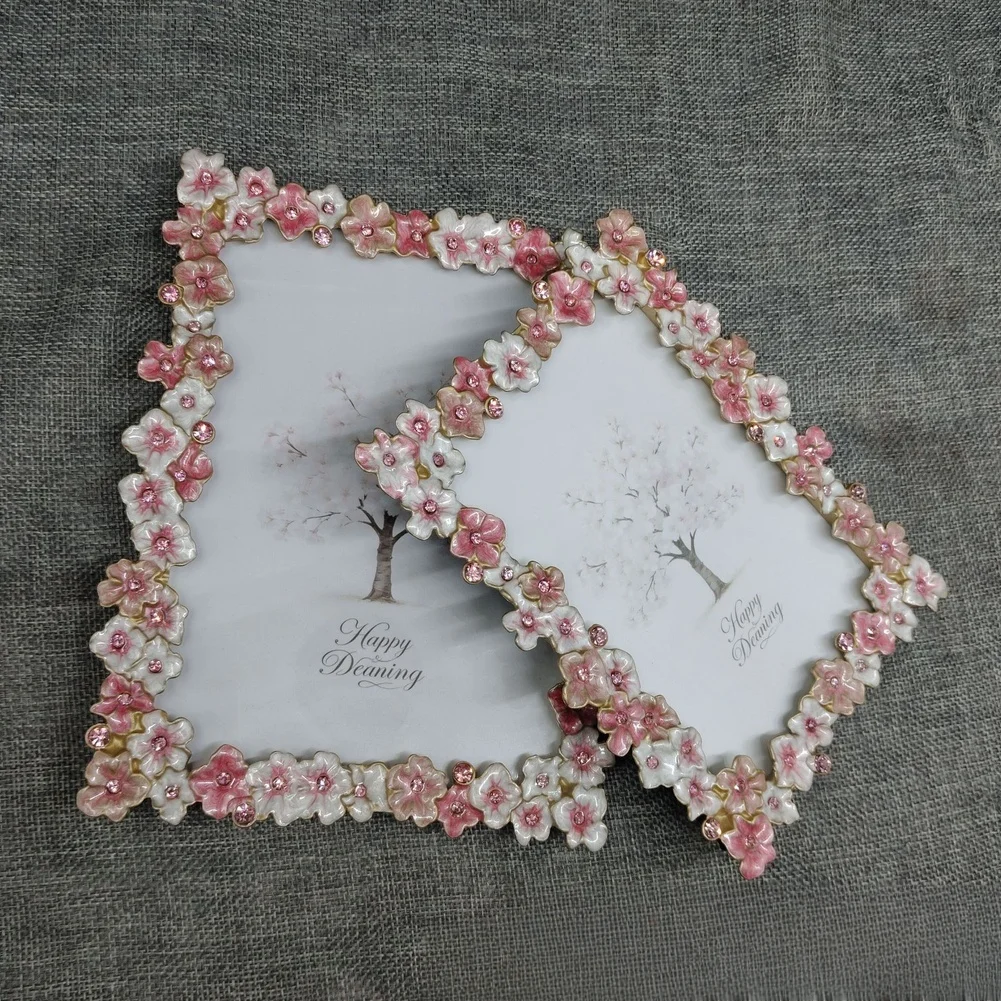Elegant Enamel Blossom Metal Photo Frame With 3D Floral Decoration 6/7inch Desktop Picture Frame For Home Bedroom Wedding Decor