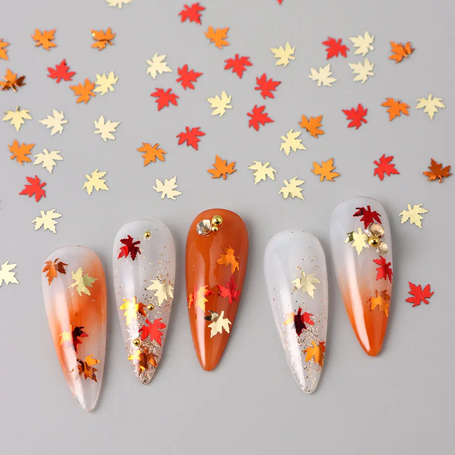 1 paquete de hojas de arce de colores mezclados para decoración de uñas, lentejuelas brillantes, calabaza, hojas rojas y naranjas, copos de resina, abalorio, decoración navideña para uñas de otoño