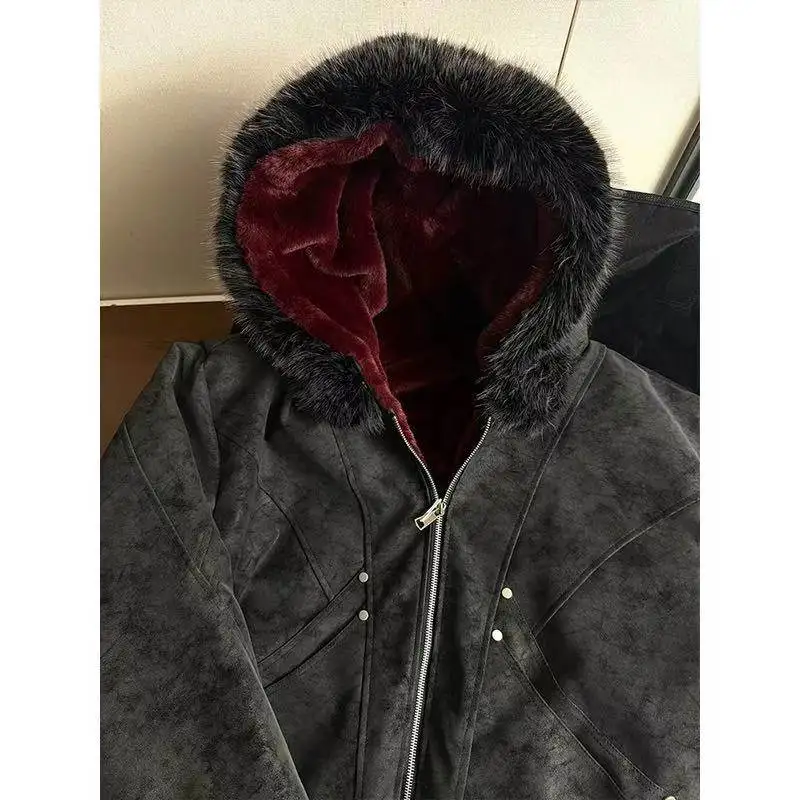 Red Faux Fur Lining PU Leather Winter Coat Man Woman Winter Warm Thicken Fleece Hooded Jacket Padded Coats