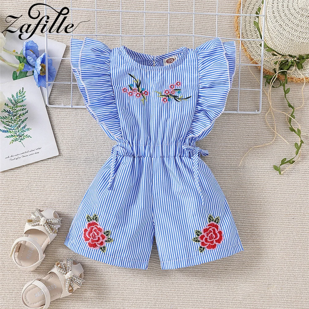 ZAFILLE Summer Baby Clothes Ruffles Stripe Flower Children Girls Jumpsuit 1-6Y Solid Overalls For Girls Cute Toddler Baby Romper