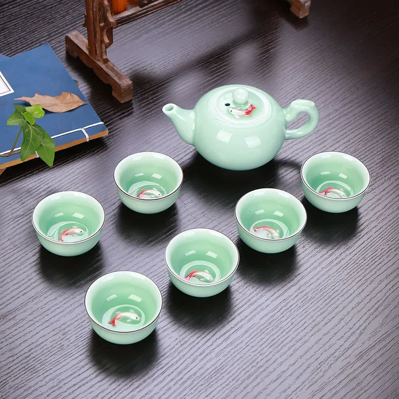 

Longquan Celadon Ceramic Tea Set, Chinese Cover Bowl, Fish Cup Set, Colored Carp, Kung Fu Tea Set, 3D