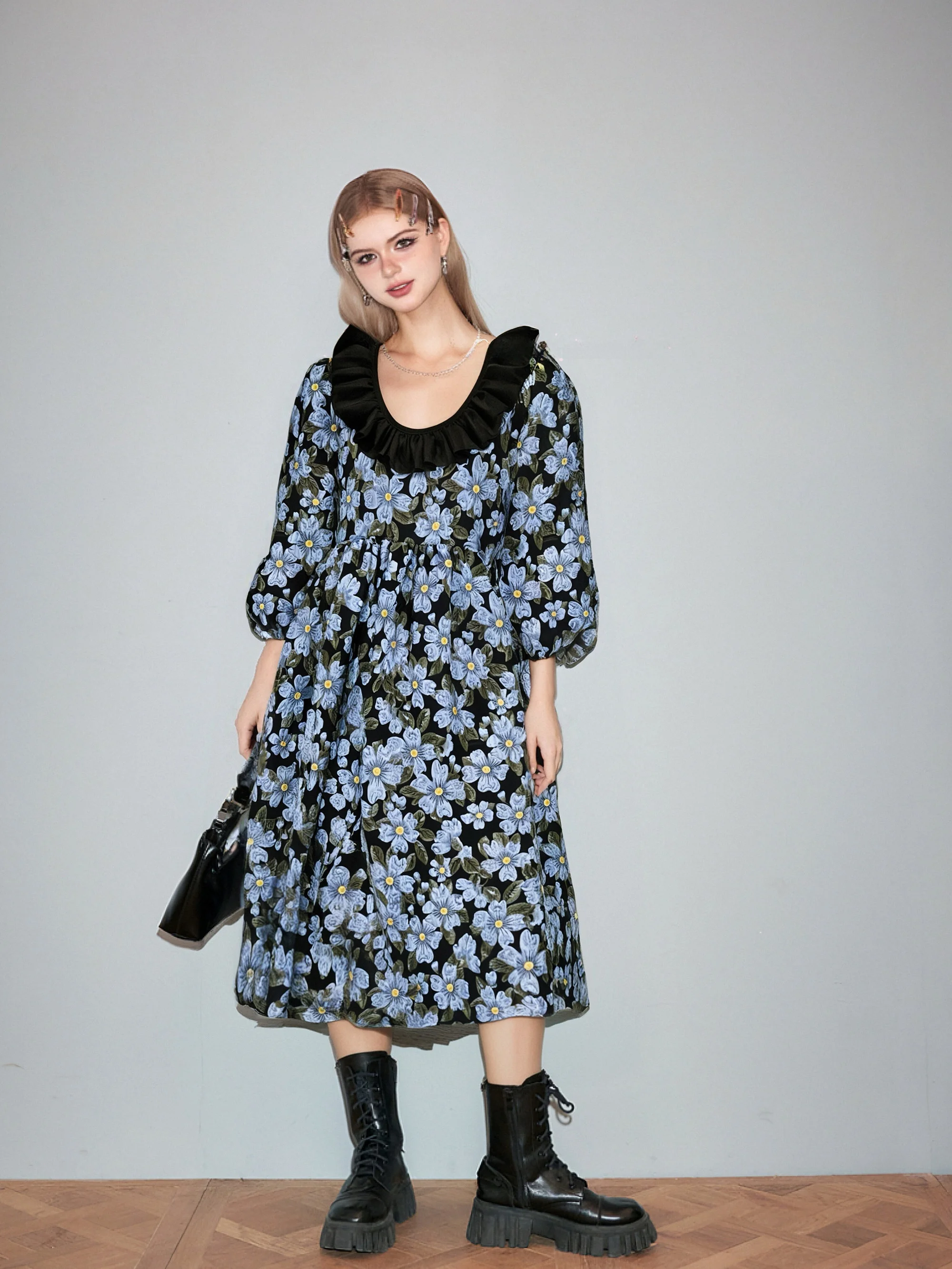 

Original LASS LIZ Vintage Floral Lace Collar Loose Long Sve Long Dr Autumn New Sle Women's A-Line Dr