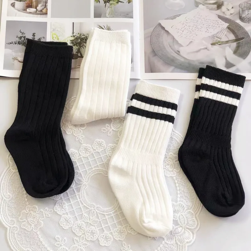 Spring Autumn Cotton Black White Stitch Stockings New Kids Cotton Sport School Floor High Long Socks for Boys Girls Baby Toddler