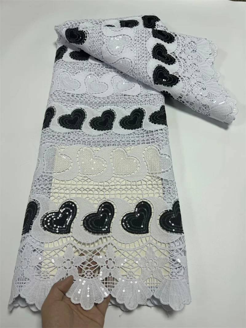 

Black And White African Guipure Cord Lace Fabric 5 Yards Nigerian Embroidery Water Soluble Mesh Material For Party Dress ZW4