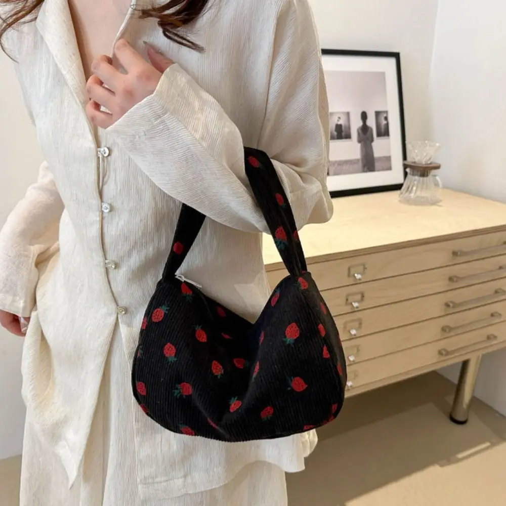 Large Capacity Strawberry Handbag Printing Korean Style Women Shoulder Bag Shopping Bag Crossbody Bag Corduroy Underarm Bag