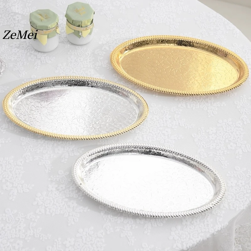 European-Style Elliptical Fruit Plate, Exquisitely Carved Flower Texture Metal Cake Tray, Home Dessert Snack Plate Decoration