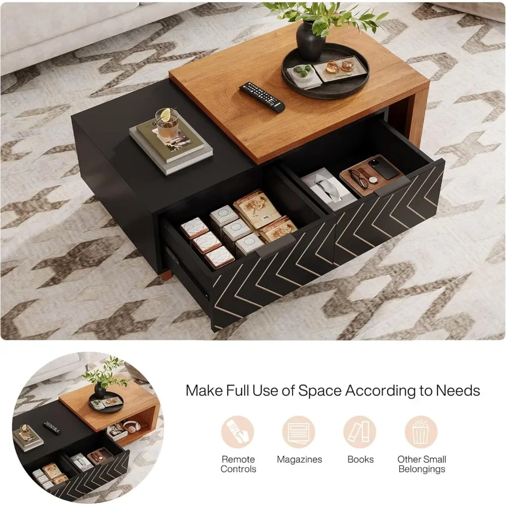طاولة قهوة قابلة للتمديد، طاولة قهوة خشبية قابلة للتعديل بطول 42 بوصة - 65 بوصة مع درجين للتخزين لغرفة المعيشة #4