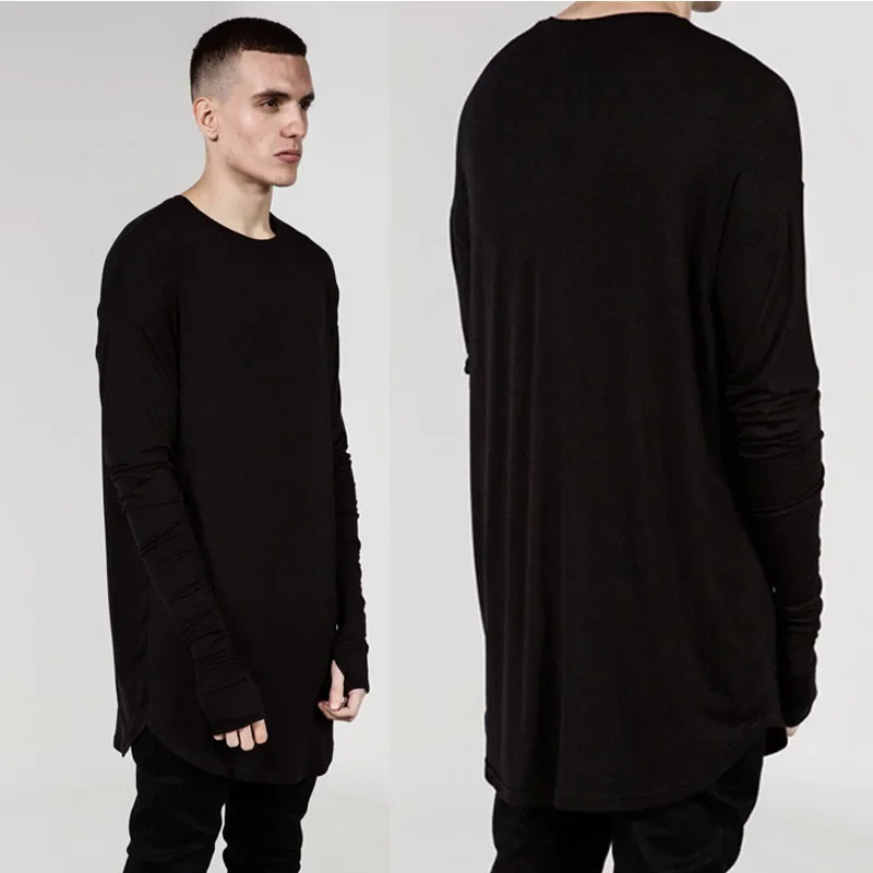 2024 New High Street Long Sleeve T Shirt Men Hip Hop Dance Men's Arc Hem Bottoming Shirt Men Clothing