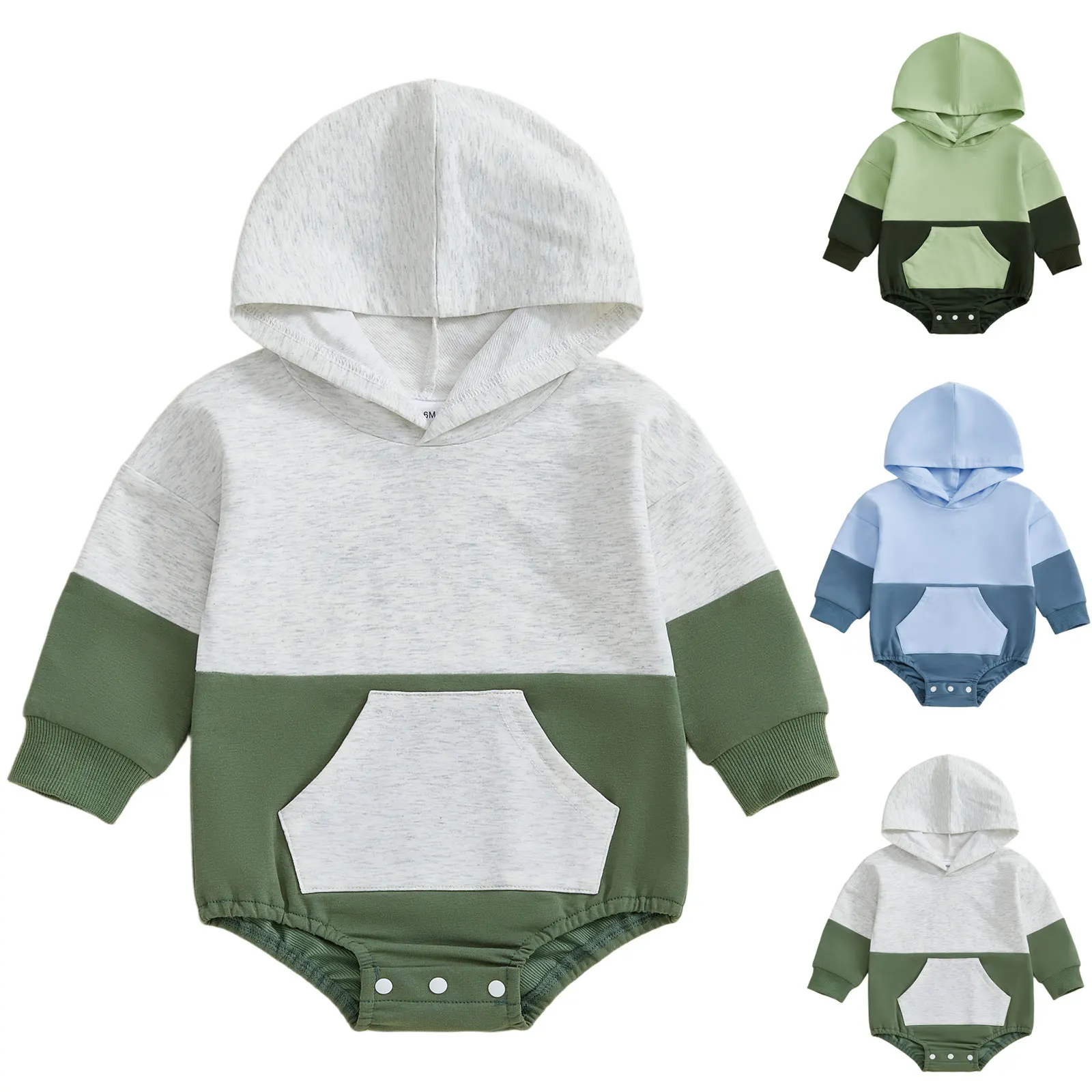 

Baby Boy Hooded Romper Long Sleeve Comfortable Soft Fashion Color Blocked Pullover Romper Sweatshirt Toddler Crawling Clothes