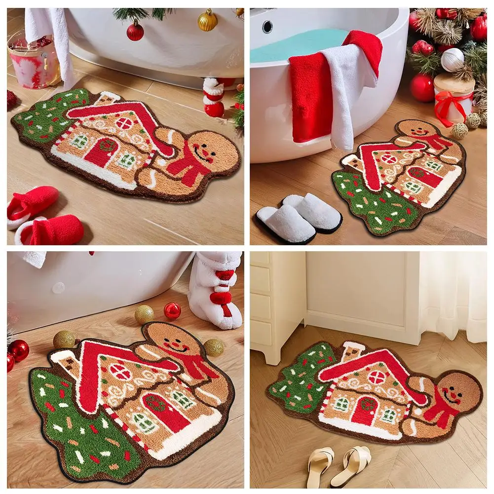 Gingerbread House Kitchen Mat Christmas Porch Gingerbread Plush Welcome Non-slip Floor Mat Farmhouse Rug Gingerbread Holida M1H7