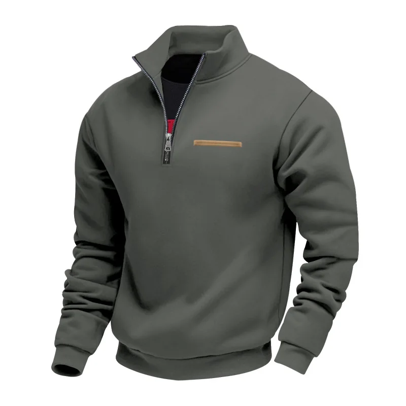 Amerikanischer Herbst- und Winter-Herrenpullover aus schwerem Fleece mit langen Ärmeln, halbem Reißverschluss, lockerem Schnitt und Stehkragen – Detail 38
